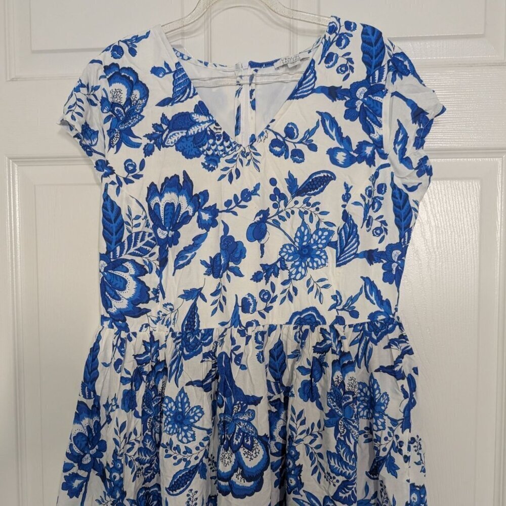 Venus Lascana Floral Midi Dress Womens Size Large White Blue Short Sleeve V Neck - Picture 2 of 15